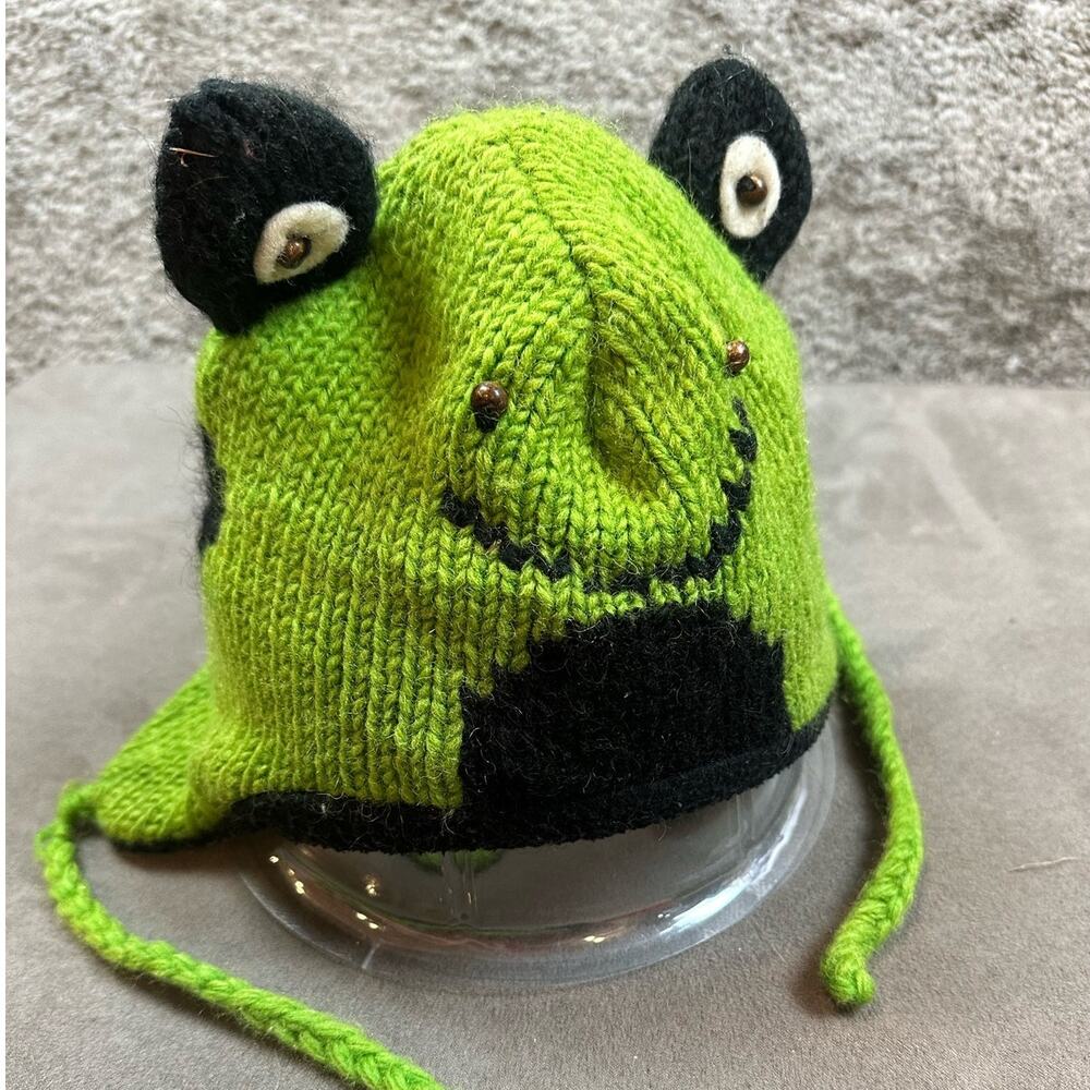Wool Knit Frog Hat Winter Beanie Green Black Kids Youth CUTE Nepal
